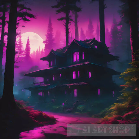 House In Red Moon Ai Artwork