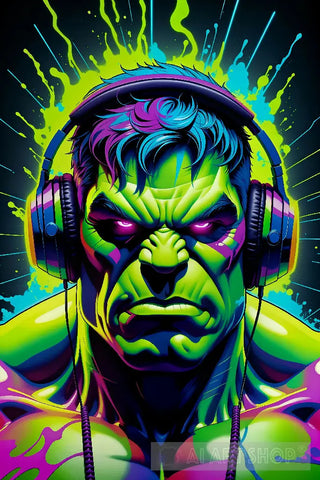 Hulk Listens To Music In Headphones I Love Neon Graffiti Art Portrait Ai Art