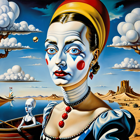 Whimsical Surrealist Portrait: Clown-Faced Woman in Dreamlike Desert Landscape