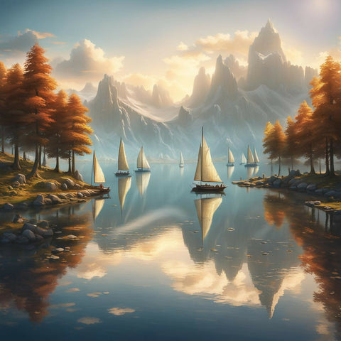 A depiction of a serene morning with sailboats gliding over a mirror-like lake