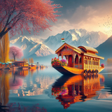 Serenity on Dal Lake: A Traditional Houseboat Amidst Snow-Capped Peaks