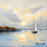 Golden Harbor Serenity – Monet Inspired Impressionist Sailboat Painting