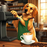 Golden Retriever Barista Holding Paw-Print Latte - Cozy Cafe AI Art"