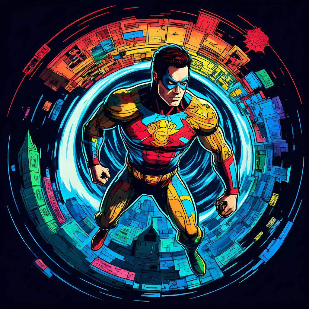Vortex Sentinel Surreal AI Art – Futuristic Superhero in Abstract C...