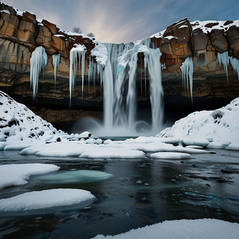 A waterfall partially frozen with icicles hanging from the rocks (1)