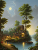 a painting of a village with a river and trees in the background
