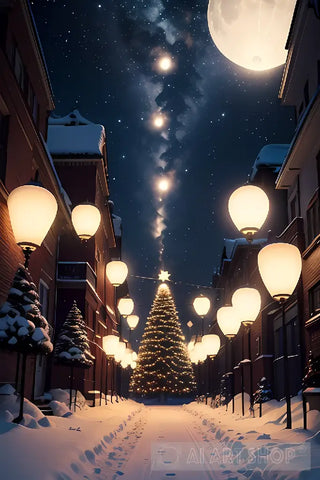 Illuminated Street In A Christmas Starry Night Ai Painting