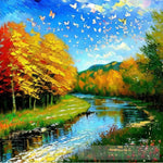 Impressionist Painting Of Butterflies Flying Over A River In The Woods. Impressionism Ai Art