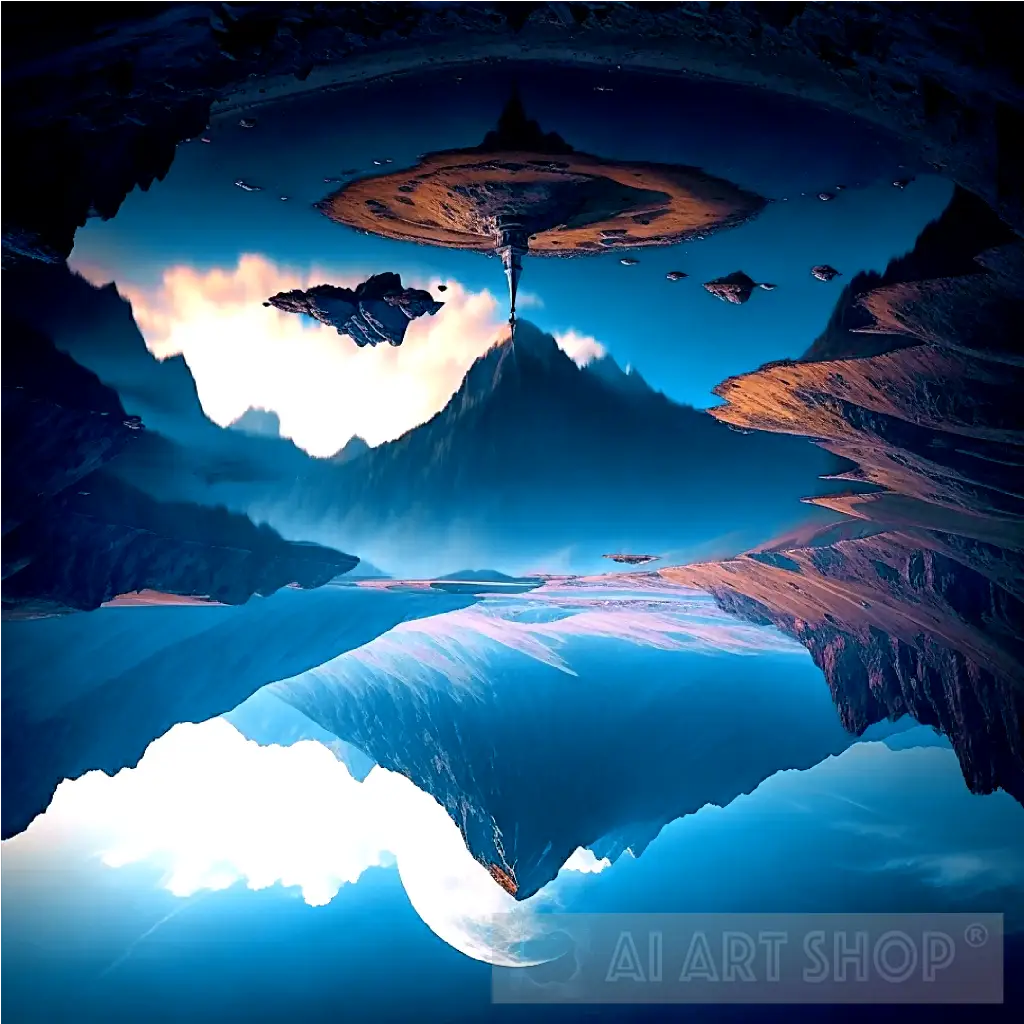 Inverted sky, mountain, moon, church, blue