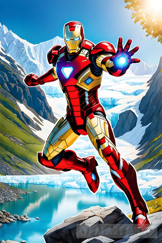 Iron Man Flies In The Sun Rising Mountains Modern Ai Art