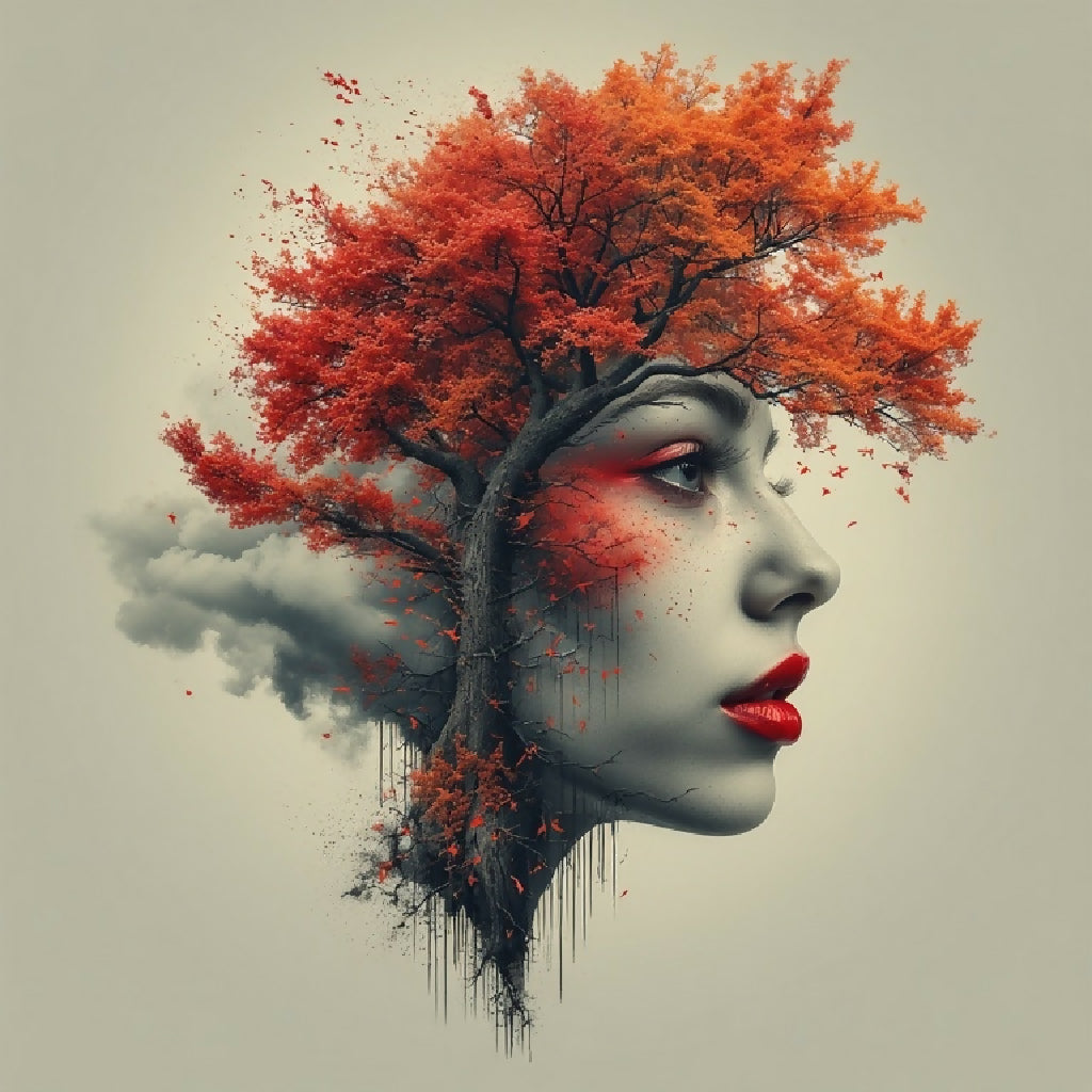 Background Rooted Portrait surreal portrait, tree fusion, autumn leaves, red makeup, abstract ...