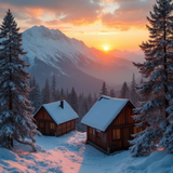 HiDream.org_stunning-sunrise-over-snowy-mountain-landscape-with-wooden-huts-and-pine-trees (1)