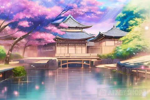 Japanese Cherry Blossom Shrine By The River Ai Painting