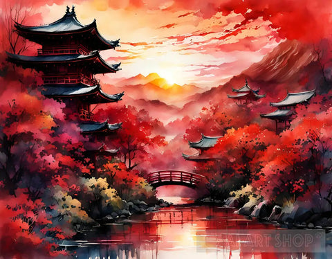 Japanese Landscape Red Sunset Ai Art