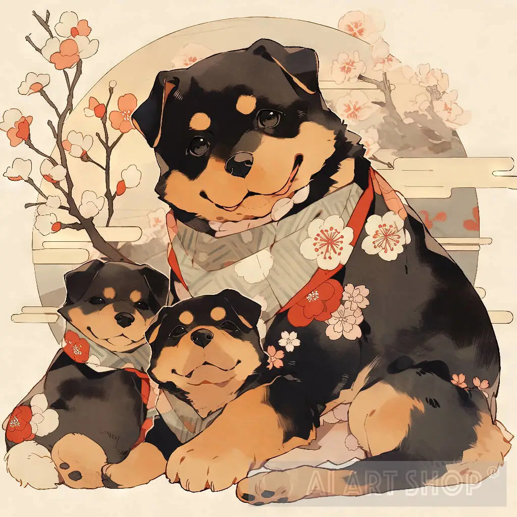 Japanese Woodblock Rottweiler Dog Family