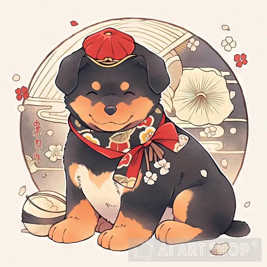 Japanese Woodblock Rottweiler Puppy Dog 4