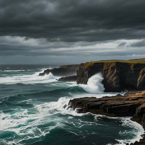 A dramatic cliffside overlooking a turbulent ocean with waves crashing against the rocks (1)