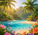tropical jungle beach photography backdrop with lush palm trees and exotic flowers