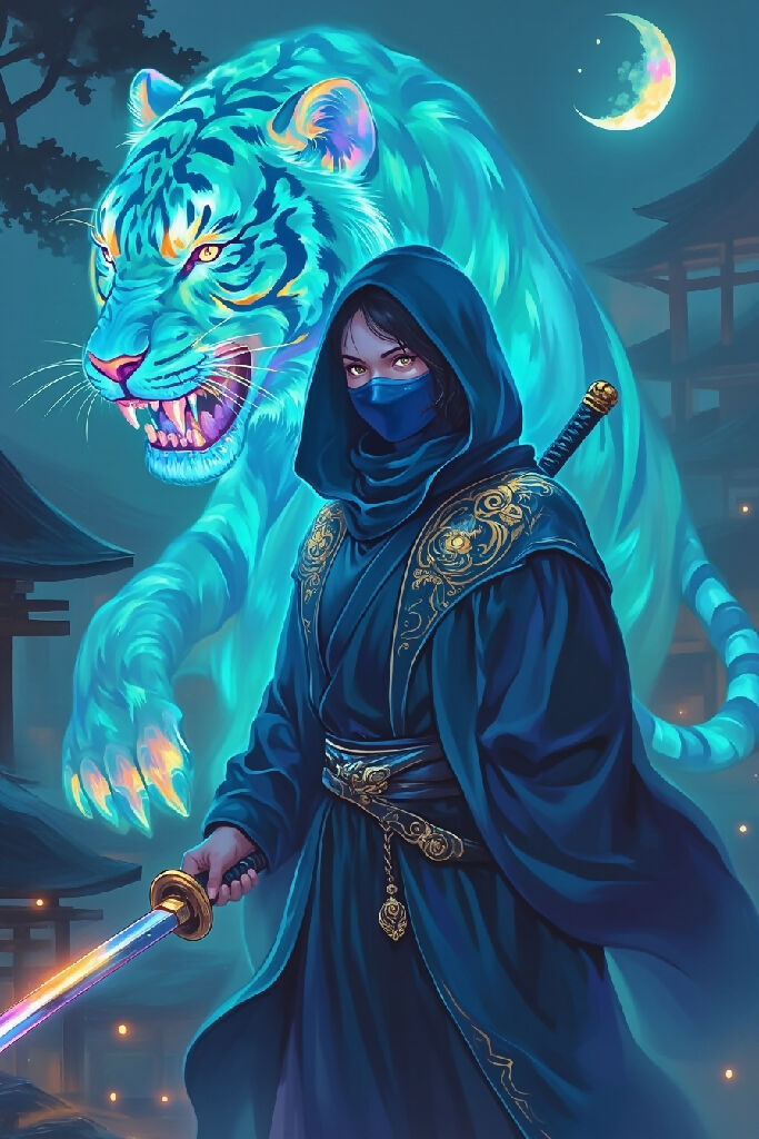 “A deadly female ninja cloaked in deep midnight-blue robes with intric