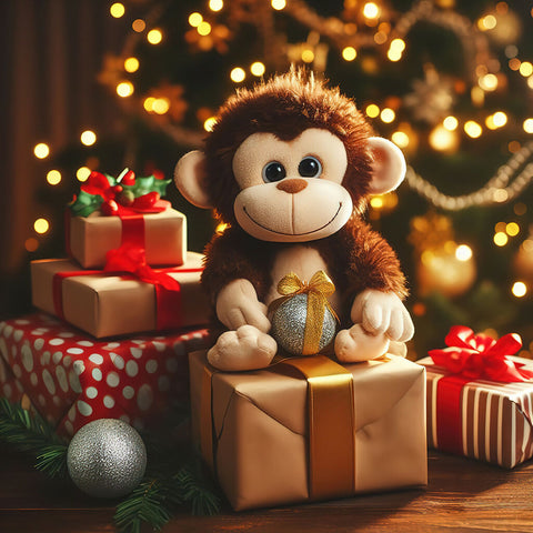 Cute monkey on a Christmas gift copy