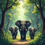 Lush Forest Elegance: Elephant Family Artwork