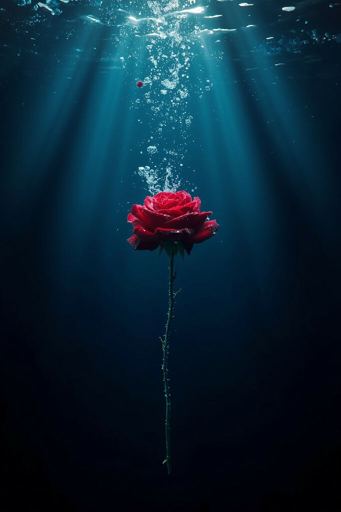 A single red rose sinking gracefully into the deep ocean, petals slowl
