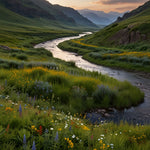 A lush green valley with a winding river and wildflowers in bloom (1)