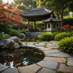 A tranquil garden with a koi pond, blooming flowers, and a stone lantern (2)