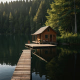 A peaceful lakeside cabin with a wooden dock and a canoe tied to it (2)