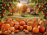 Colorful pumpkins and apples in a sunlit field, with a cozy house in the background, capturing the essence of autumn. Generative Al