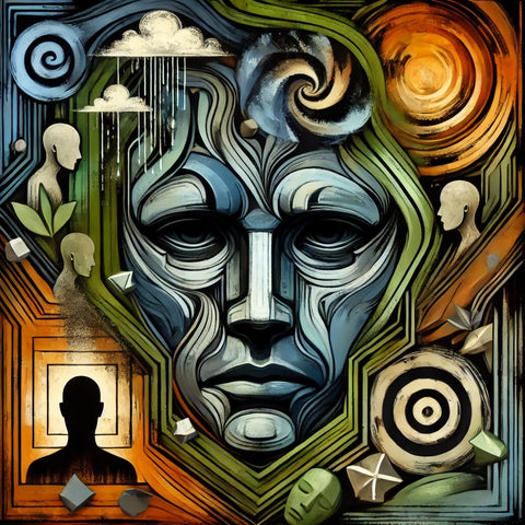 DALL·E 2024-11-11 20.01.36 - An expressionless face surrounded by abstract figures symbolizing stress and daily pressure, wrapped in a surreal atmosphere reflecting the emotional 