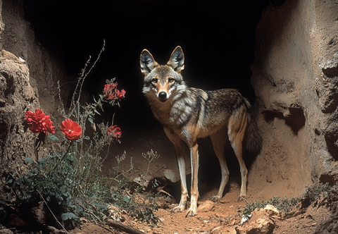 Desert Coyote Encounters Red Blooms: A Wildlife AI Masterpiece