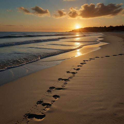 A tranquil beach at sunset with footprints in the sand and gentle waves lapping the shore (1)