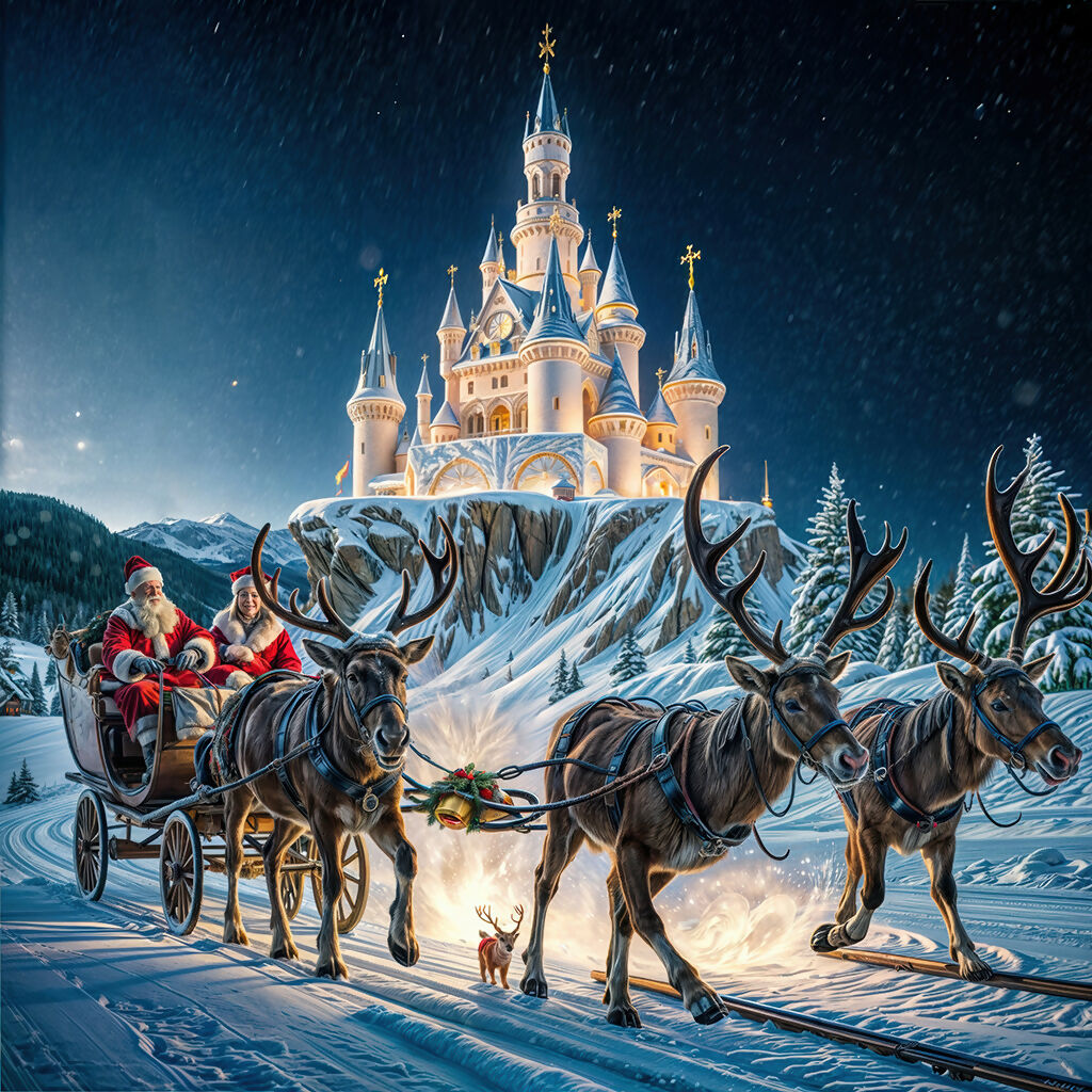 The image depicts a magical Christmas scene. Santa Claus and Mrs. C...