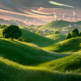 Landscape art with rolling green hills