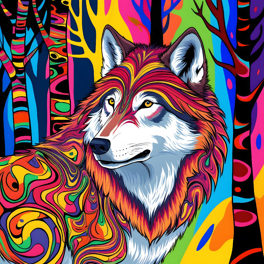 Psychedelic Wolf in a Trippy Forest