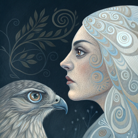 ENCHANTED CONNECTION OF A WOMAN AND A HAWK WITH INTRICATE PATTERNS