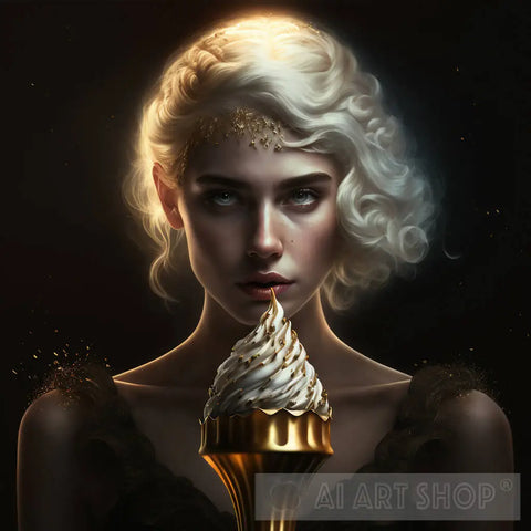 Lady With Golden Ice Cream Ai Artwork