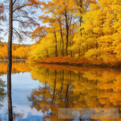 Lake In The Autumn Forest. Forest Lake Autumn. Autumn Forest Lake. Water Reflection Landscape Ai Art