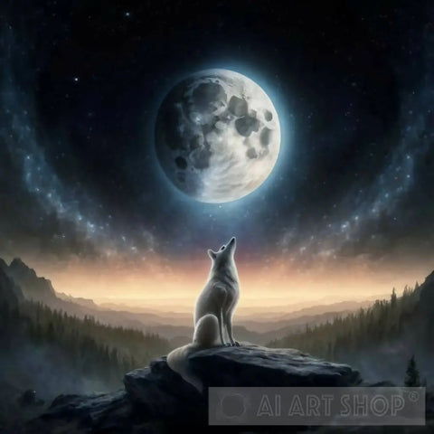 Landscape Of A Starry Sky Moon And Single White Wolf 2 Nature Ai Art