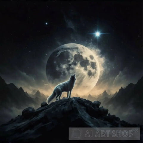 Landscape Of A Starry Sky Moon And Single White Wolf 3 Ai Artwork