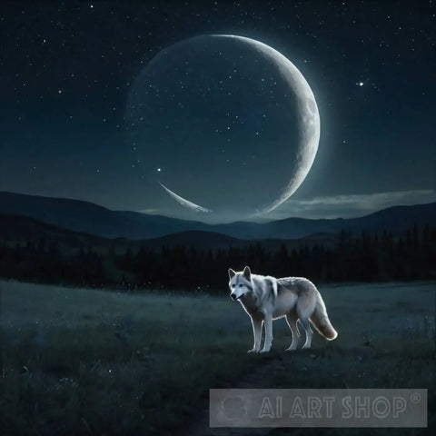 Landscape Of A Starry Sky Moon And Single White Wolf Ai Artwork