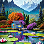 Landscape With Lake Cottage And Lilies Nature Ai Art