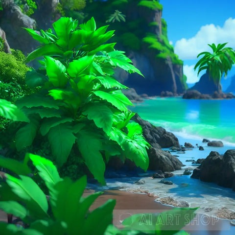 Leafy Beach Scene Nature Ai Art