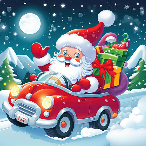 Santa Claus in a car full of Christmas gifts illustration copy