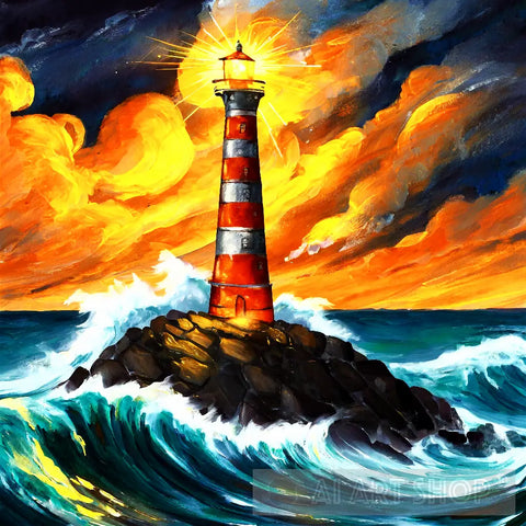 Light House In Middle Of Storm Ai Painting