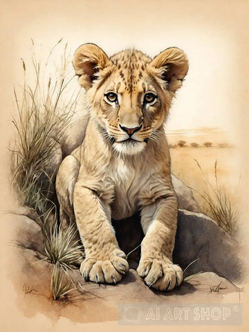 Lion Cub In The Savannah Animal Ai Art