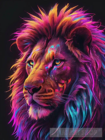 Lion Digital Art | Futuristic Neon Colors Portrait Painting Contemporary Ai