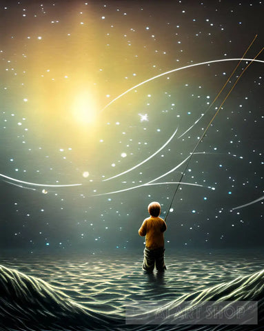 Little Boy Is Fishing In Outer Space Ai Artwork