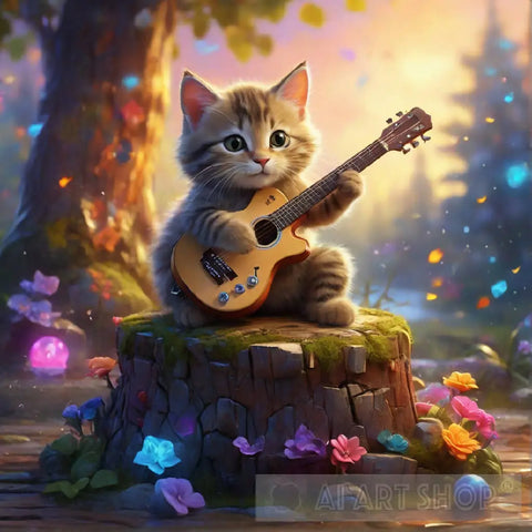 Little Cat Playing A Guitar Animal Ai Art